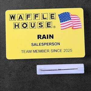 Waffle House Name Tag RAIN Yellow Logo Employee Badge Memorabilia Uniform Pin